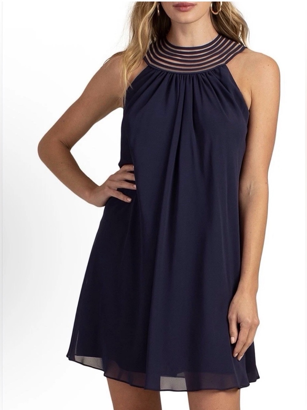 NWOT Trina Turk Women's Arias Navy Sleeveless Ruched
Mesh Inset Mini Dress L